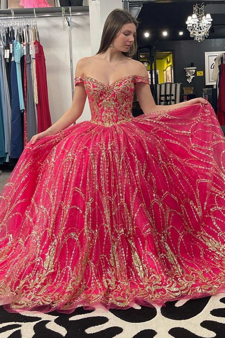 Quinceanera Dress Princess Off-the-Shoulder Red Sequin Lace Ball Gown