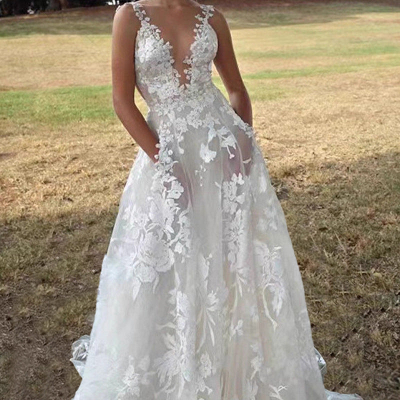 White Floral Lace Applique Tulle Wedding Gown