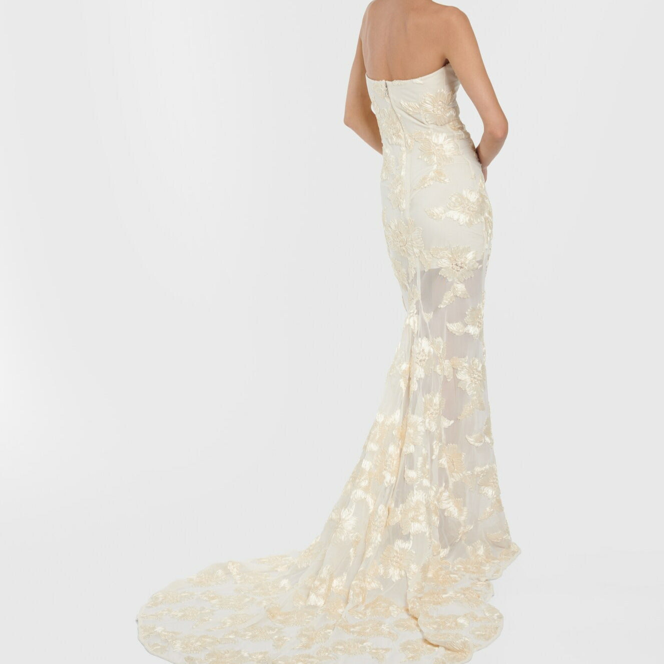 Pale Yellow 3D Jacquard Sheer Mesh Strapless Dress