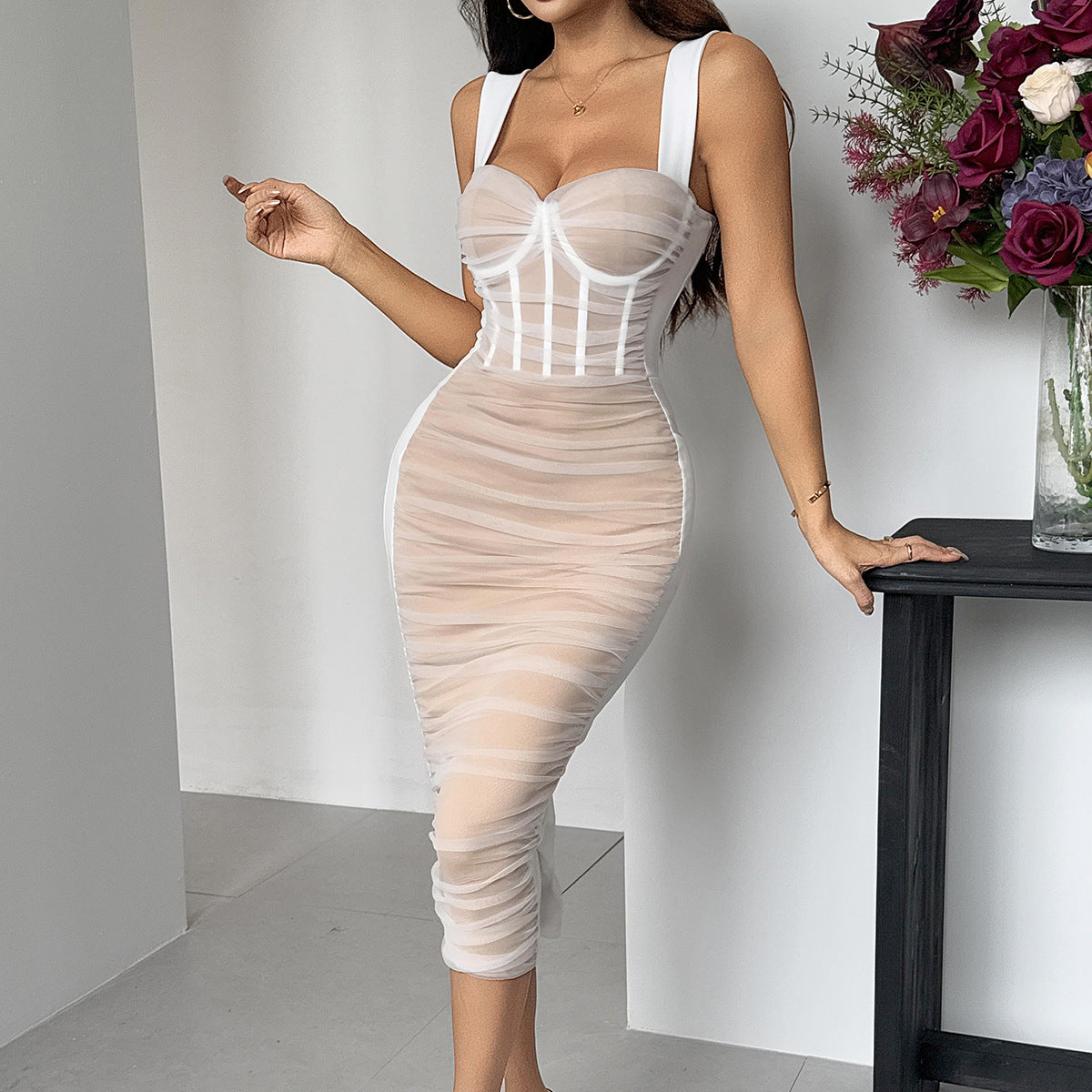 See-Through Gauze Slim Dress
