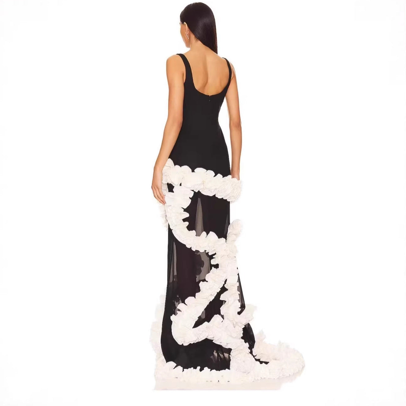 Luxury Black Formal Dress with 3D White Floral Ruffle Trim