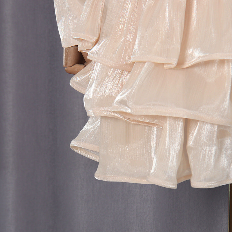 Neutrals High-Neck Ruffled Detail Mini Dress