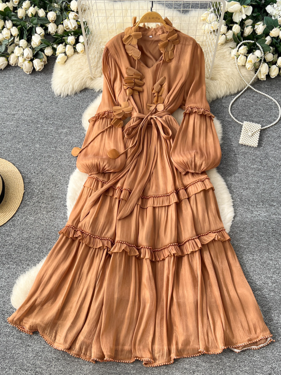 French Vintage Ruffled Pearl Embellished Long Dress