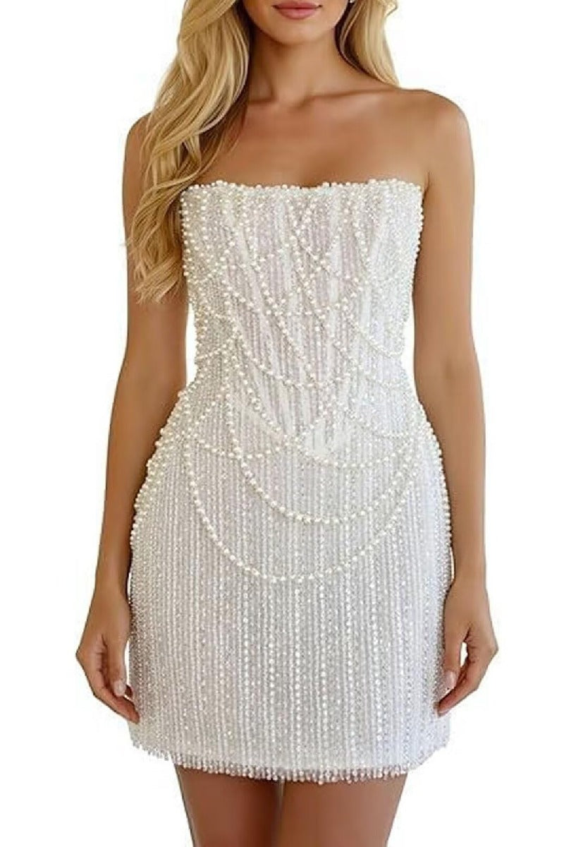 Sheath-Column Strapless Short Pearls Sequin Dress CS1075