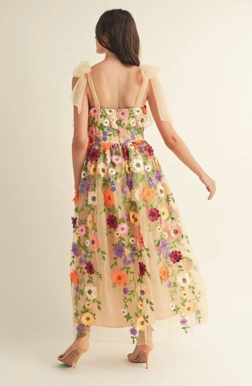 Women's Bare Toe Floral Long Dress 3D Floral Netted Long Dress