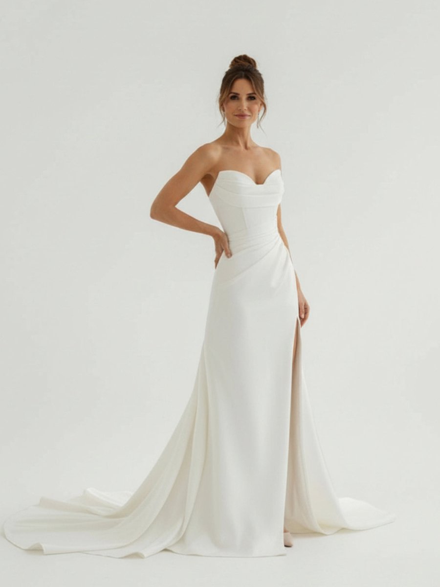 Mermaid Strapless Satin Wedding Dress With Convenient Detachable Skirt