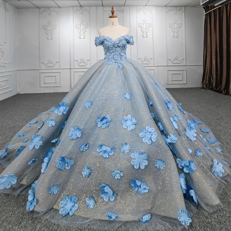 Quinceanera Blue Off-the-Shoulder Ball Gown Flower Dress