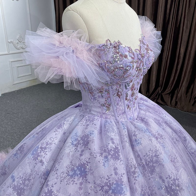 Quinceañera lace Off-the-Shoulder Ball Gown Purple Sequined Dress