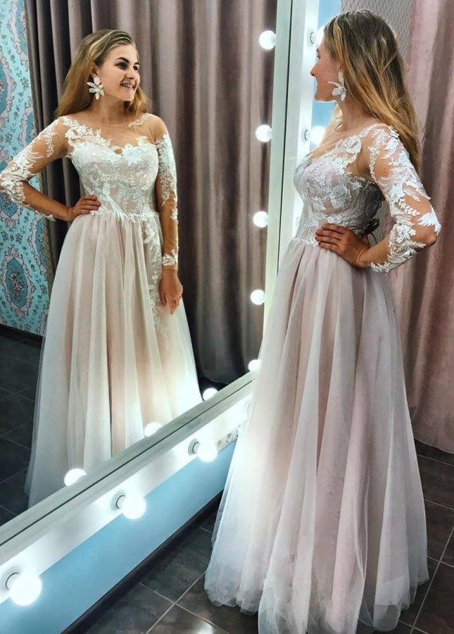 A Line Long Sleeves Blushing Pink Lining Wedding Dress With Lace Appliques
