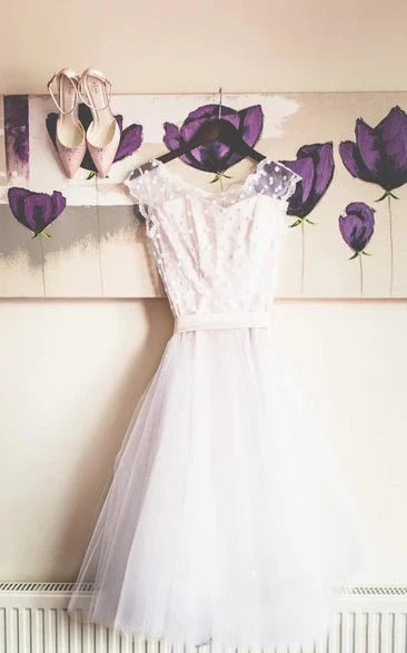 A-Line Short Sleeveless Bell Cap Bat Ribbon Zipper Tulle Lace Dress
