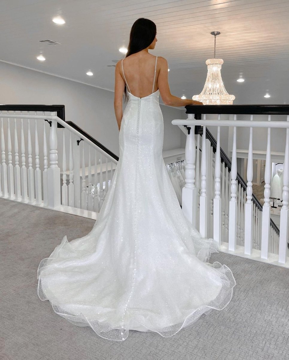 Sparkly Mermaid V Neck Sequins White Wedding Dresses