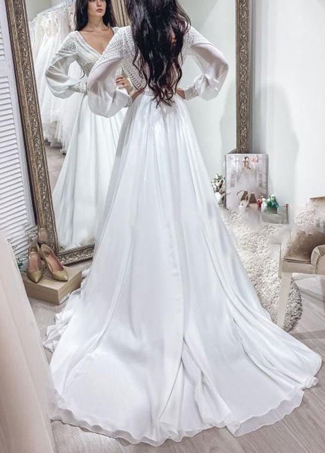 Bohemian Chiffon Backless A-Line Lace Long Sleeves Backless Wedding Dresses