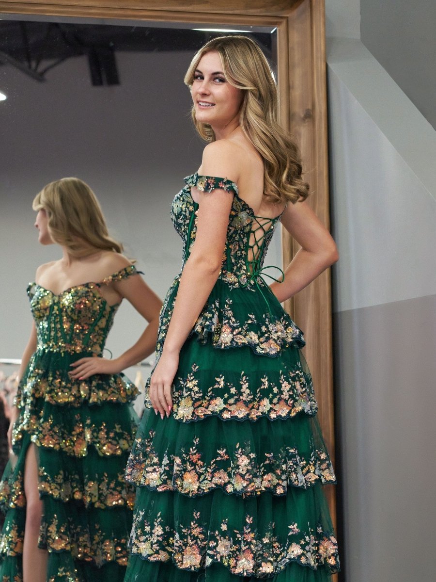 Green Crystal Sequins Princess A Line Off the Shoulder Prom Dress with Lace Ruffles