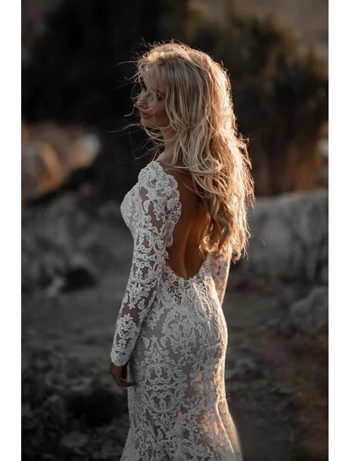 Mermaid V Neck Long Sleeve Court Train Lace Wedding Dresses