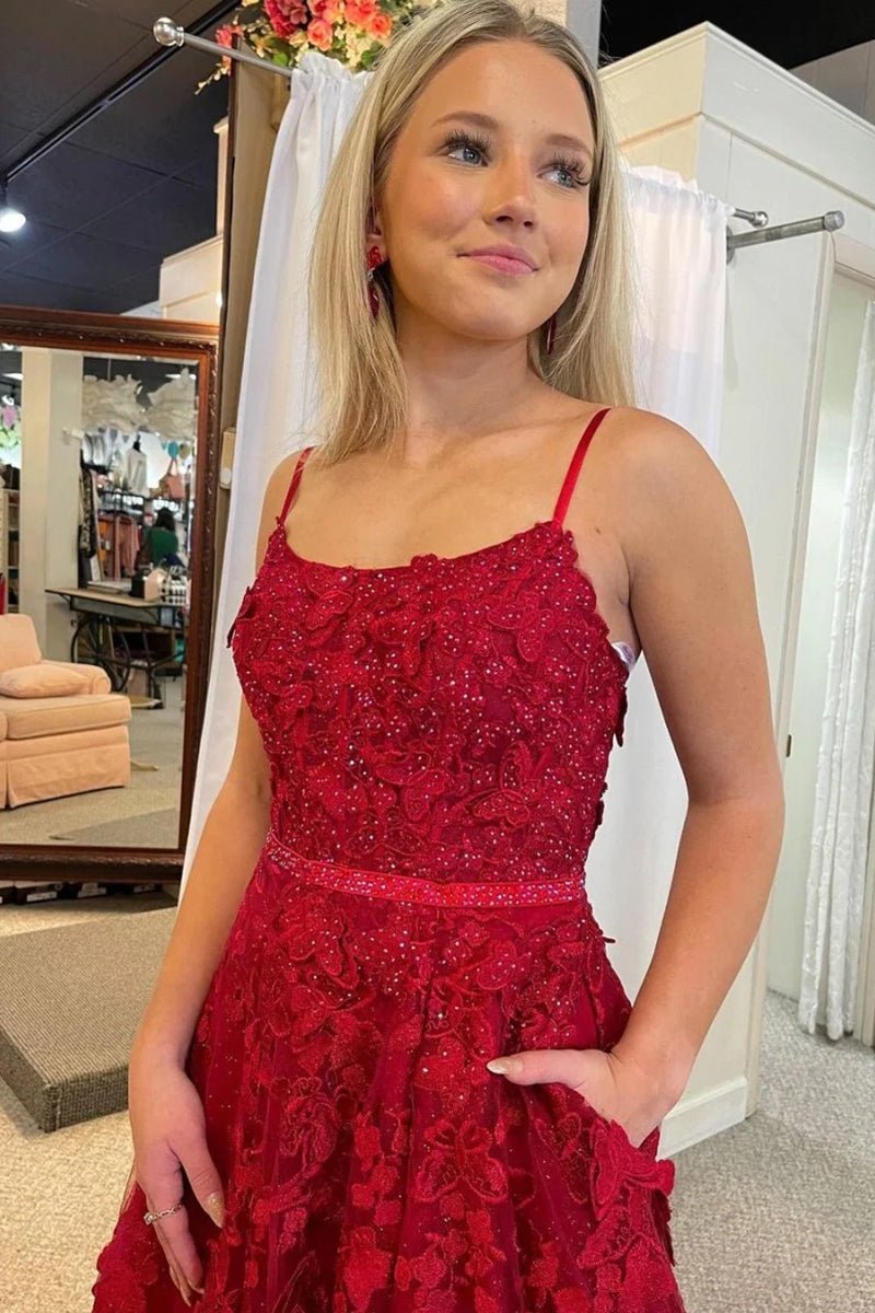 Shana | Cute A Line Scoop Neck Red Lace Prom Dresses with Beading