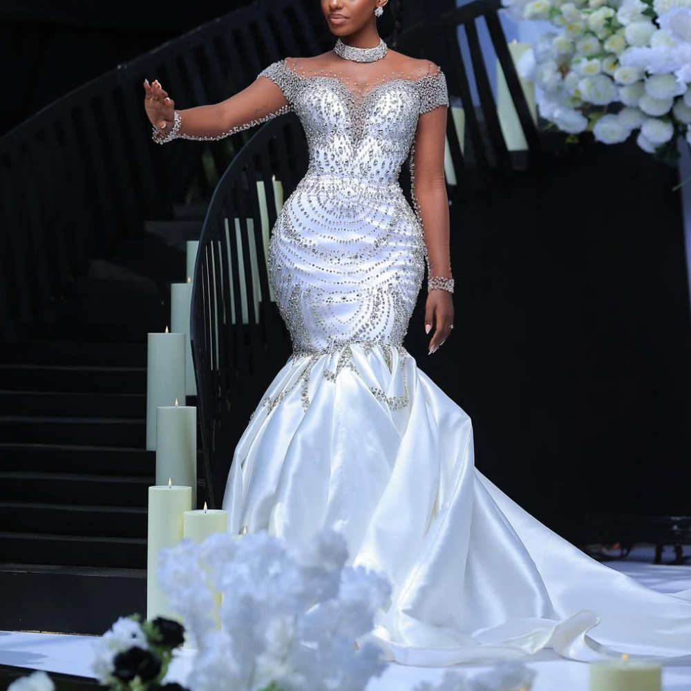 White Rhinestone Satin Mermaid Wedding Dress with Train