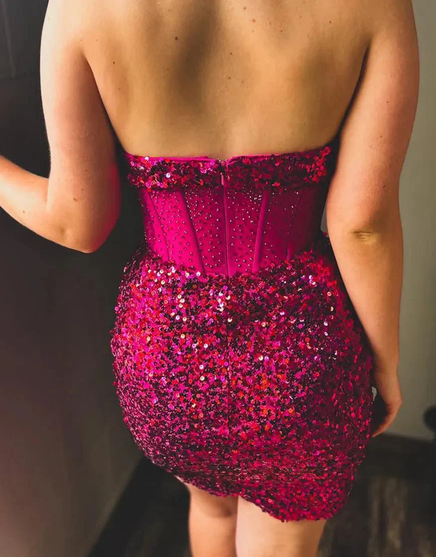 Bodycon Sparkly Fuchsia Strapless Sequins Mini Party Dresses
