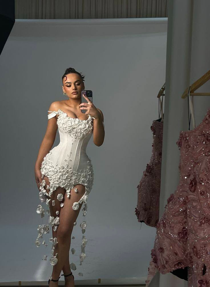 3D Floral Corset Mini Dress with Petal Fringe Hem