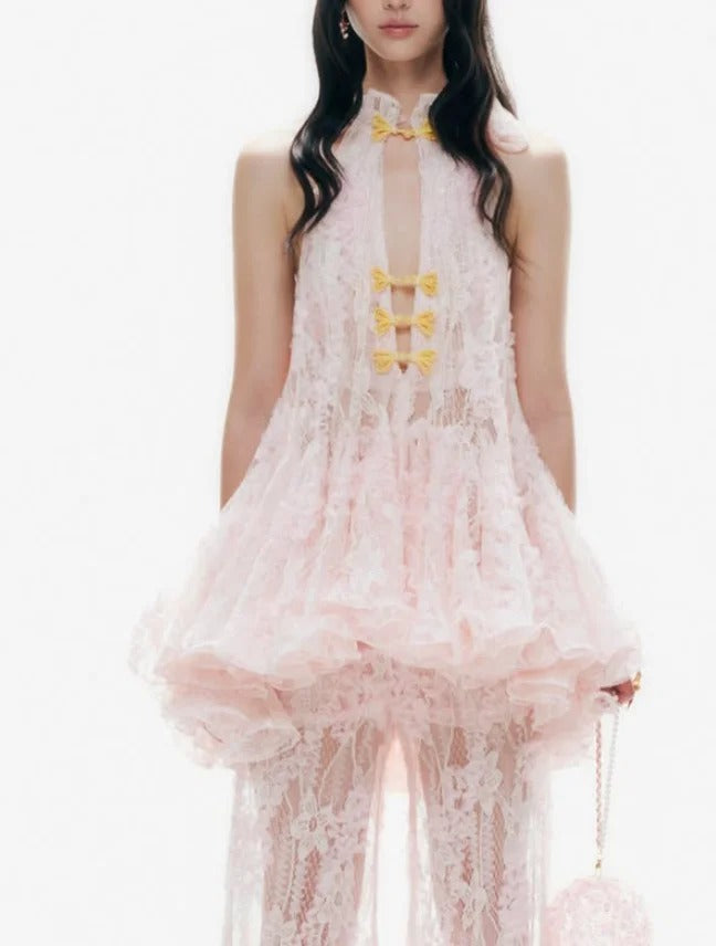 Pink Lace Cheongsam-Inspired 2-Piece Set