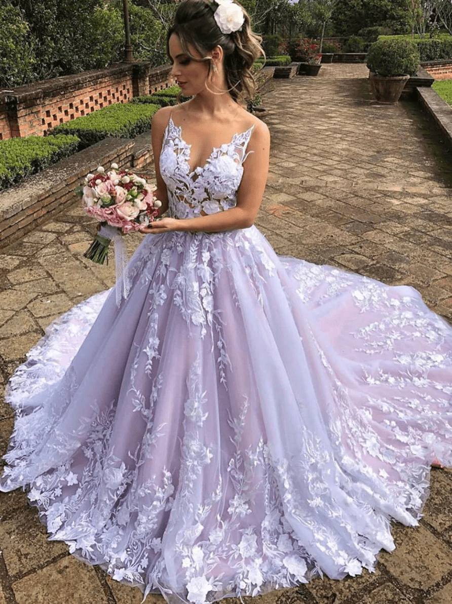 Light Purple Sleeveless A Line V-Neck Lace Wedding Dresses