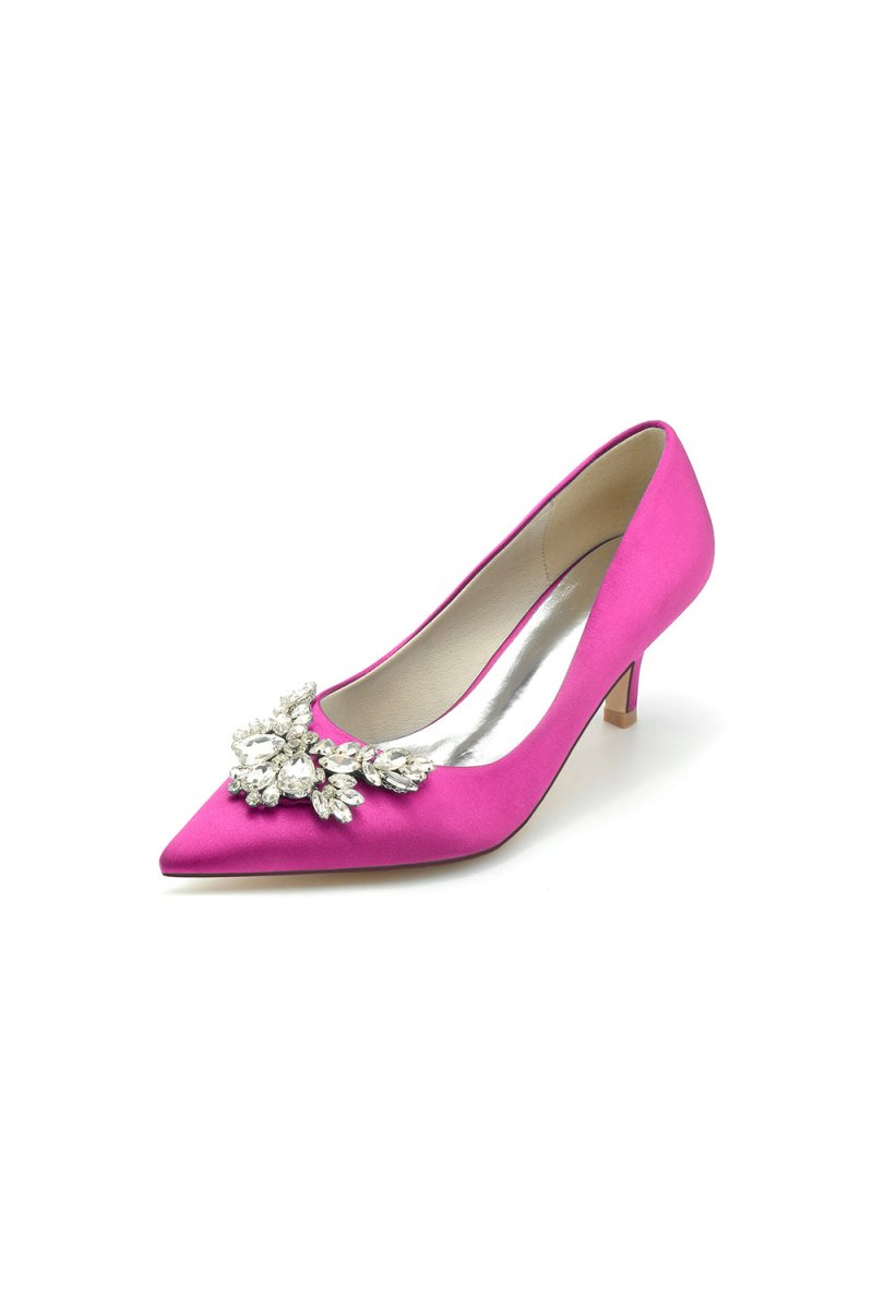 Rhinestone Pointed Toe Satin Kitten Heels