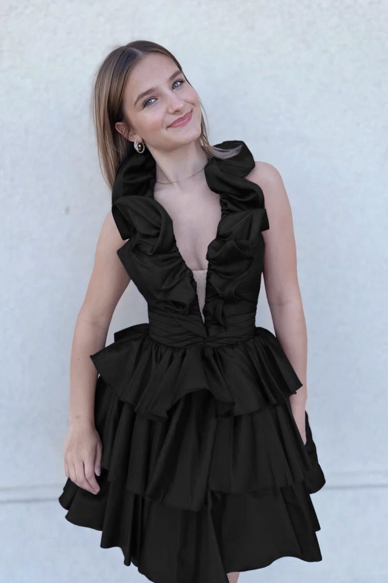 A-Line Deep Halter Satin Short Homecoming Dress with Ruffles