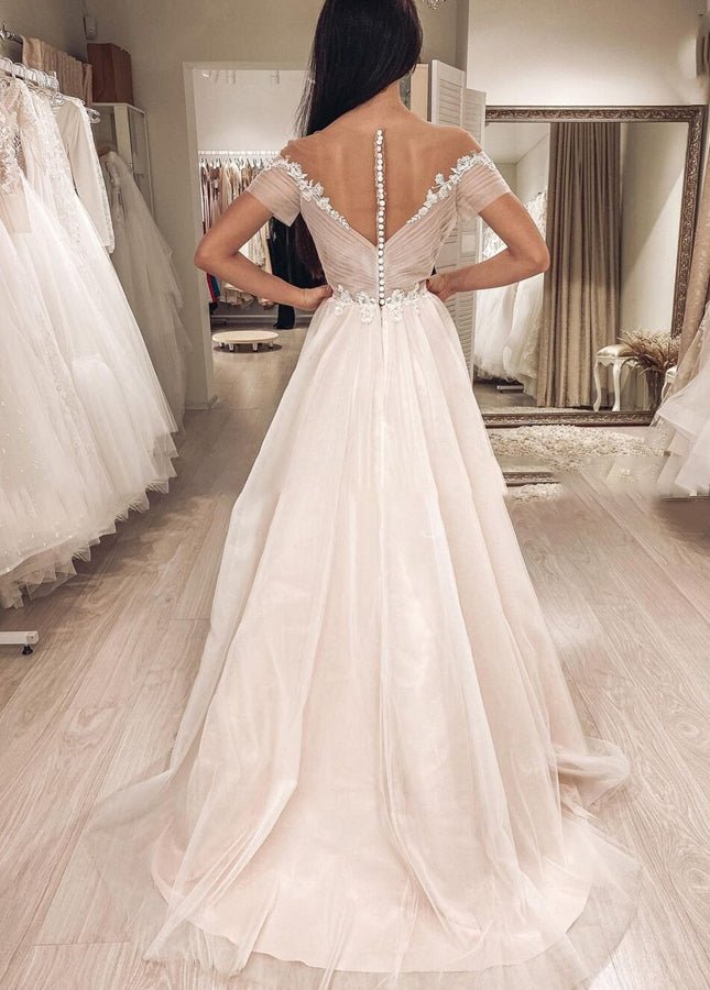 Short Sleeves Illusion Neckline A-line Lace Appliques Covered-Button Wedding Dresses
