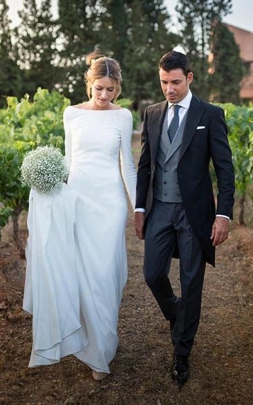 Simple Chiffon Sheath Bateau-neck Deep-V Back Bridal Gown with Chapel Train
