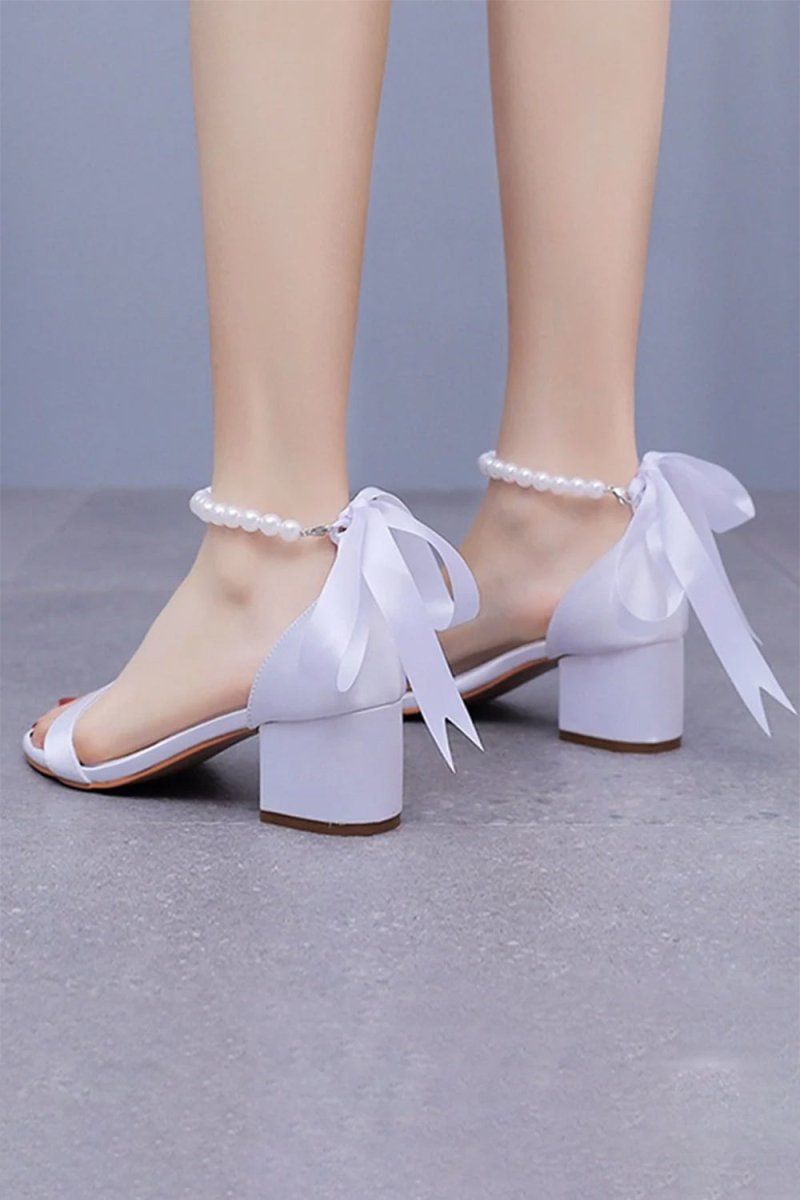 Single Strap Chunky Heels Sandals with Beaded Ribbons