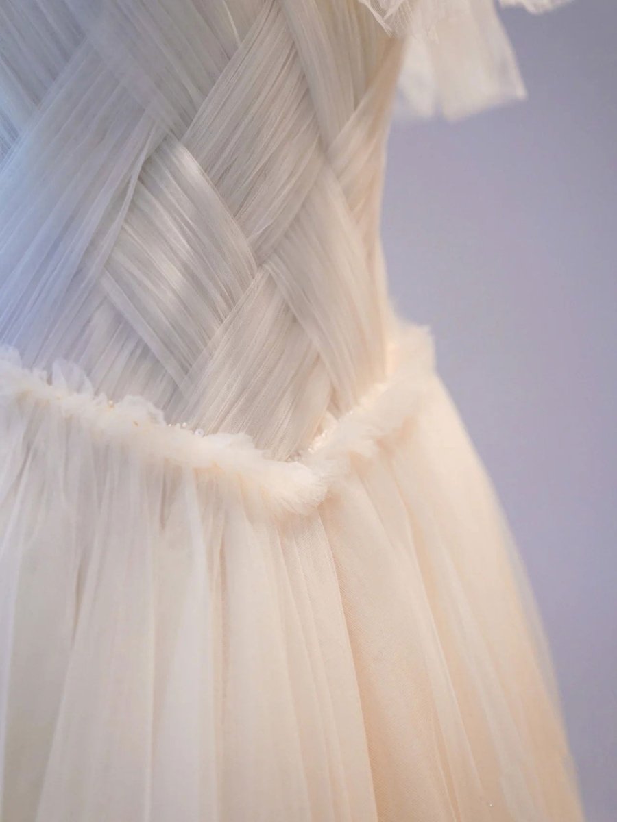 Unique Light Champagne Tulle Long Prom Dress, Tulle Formal Wedding Dress