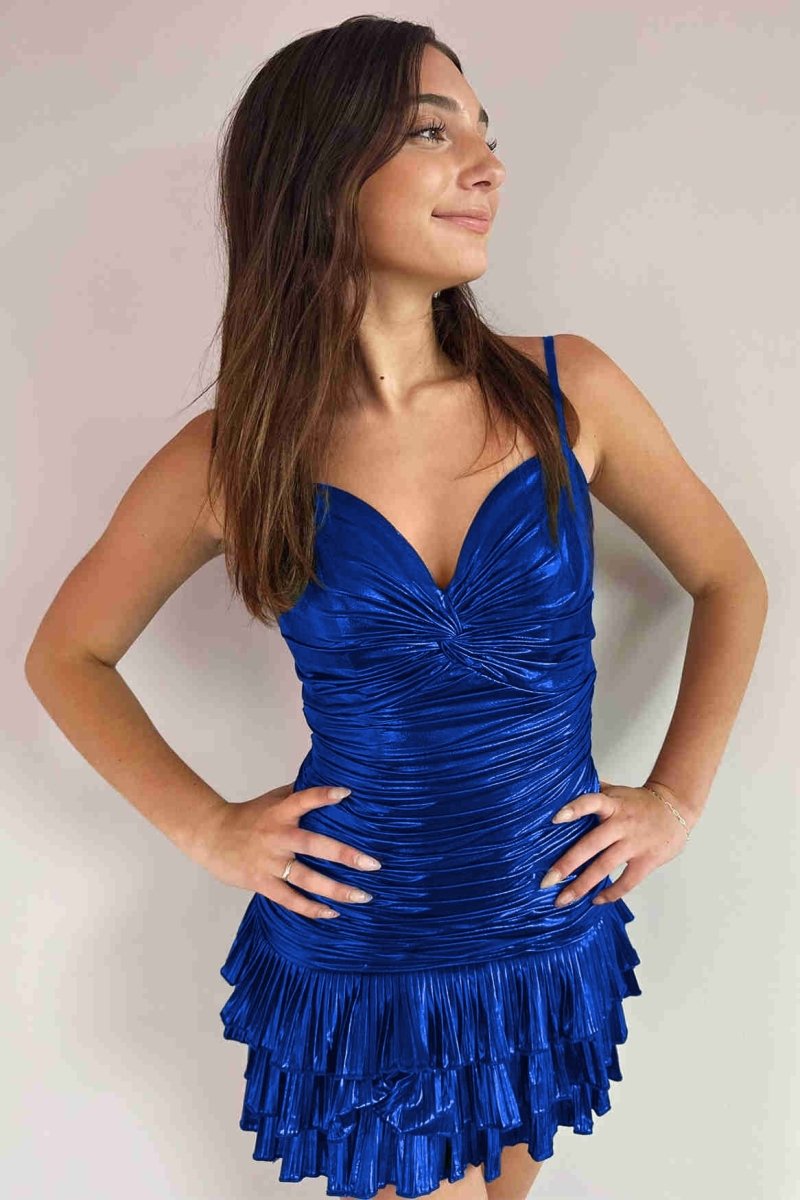 Sparkly Metallic Green Straps Knotted Short Homecoming Dress with Ruffles