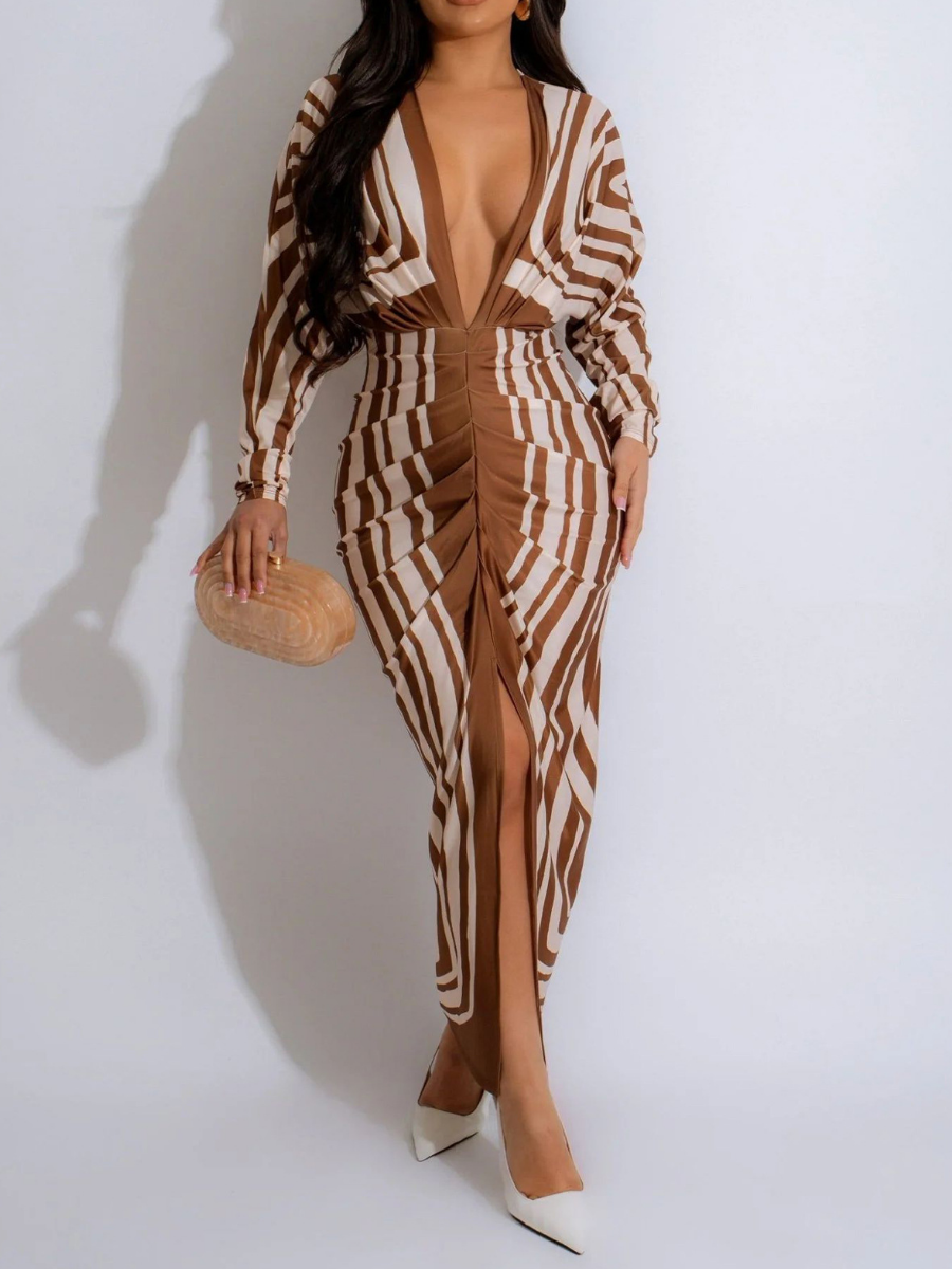 V-Neck Long Sleeve Split Dress
