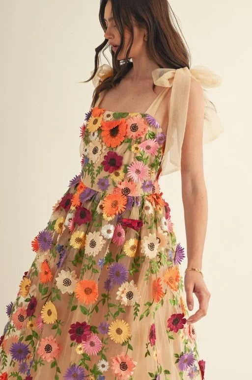 Women's Bare Toe Floral Long Dress 3D Floral Netted Long Dress