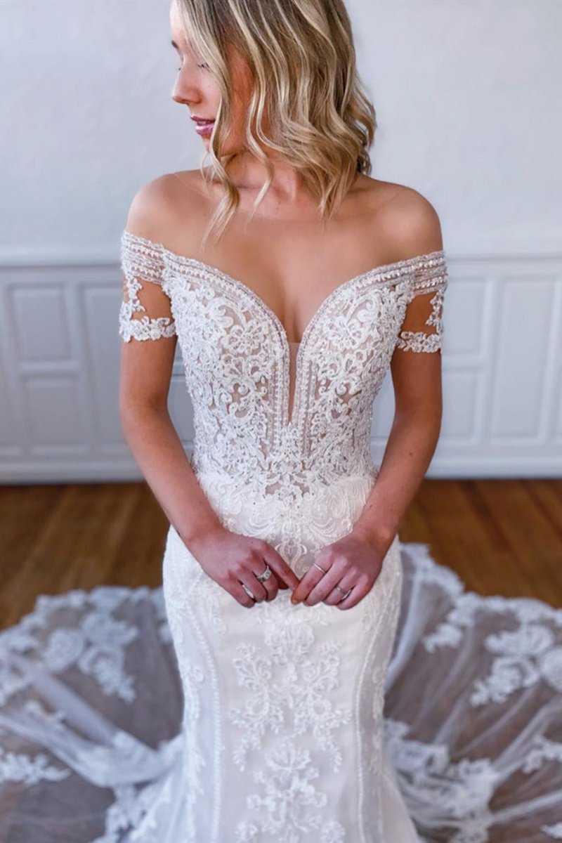Mermaid Off-the-Shoulder Short Sleeves Long White Lace Bridal Dress