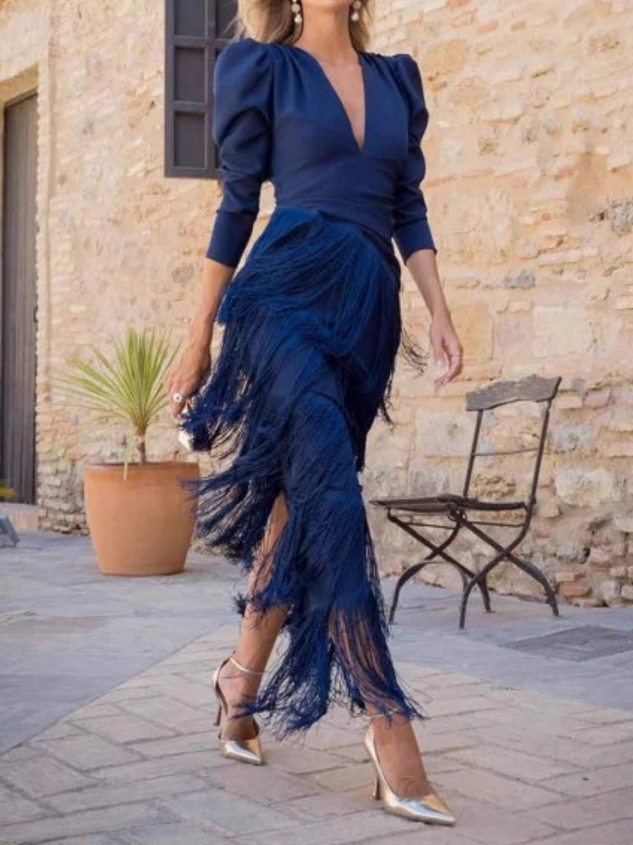 Elegant Tassel Ruched Midi Dress