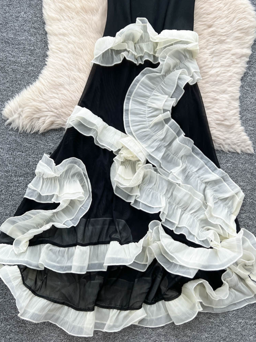 Irregular Ruffled Stitching Strap Mesh Dress
