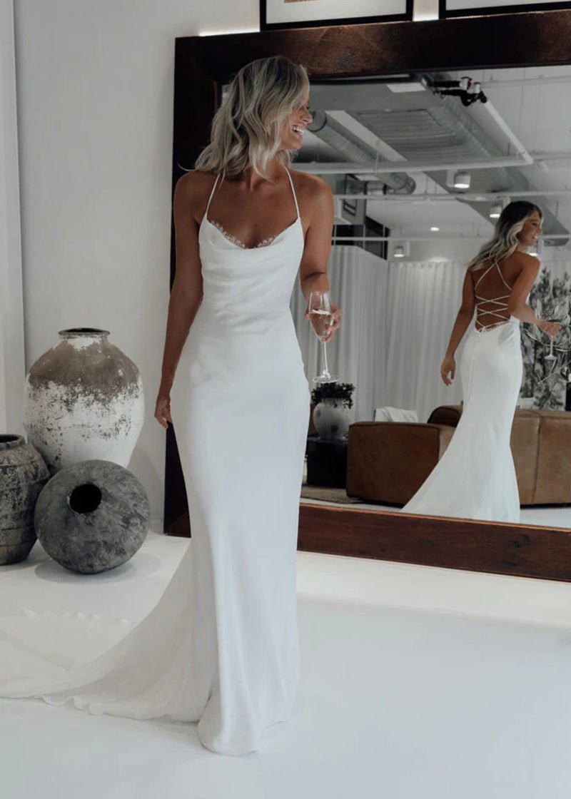 Mermaid Satin White Spaghetti-Straps Wedding Dresses With Lace-Up Back