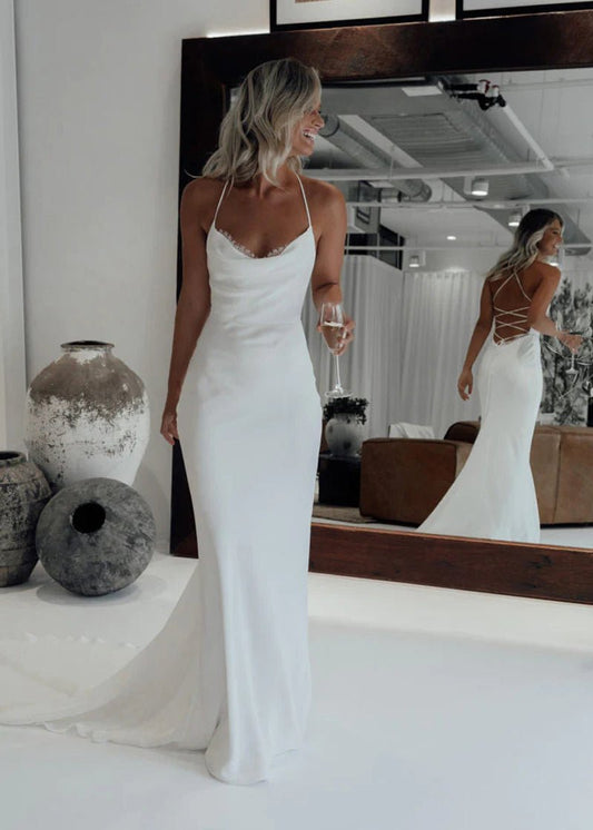 Mermaid Satin White Spaghetti-Straps Wedding Dresses With Lace-Up Back