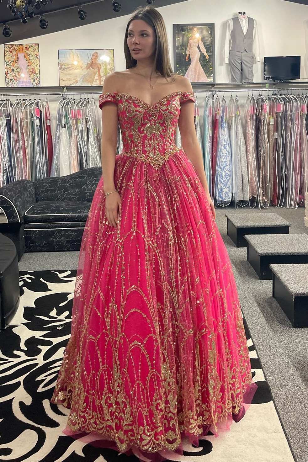 Quinceanera Dress Princess Off-the-Shoulder Red Sequin Lace Ball Gown