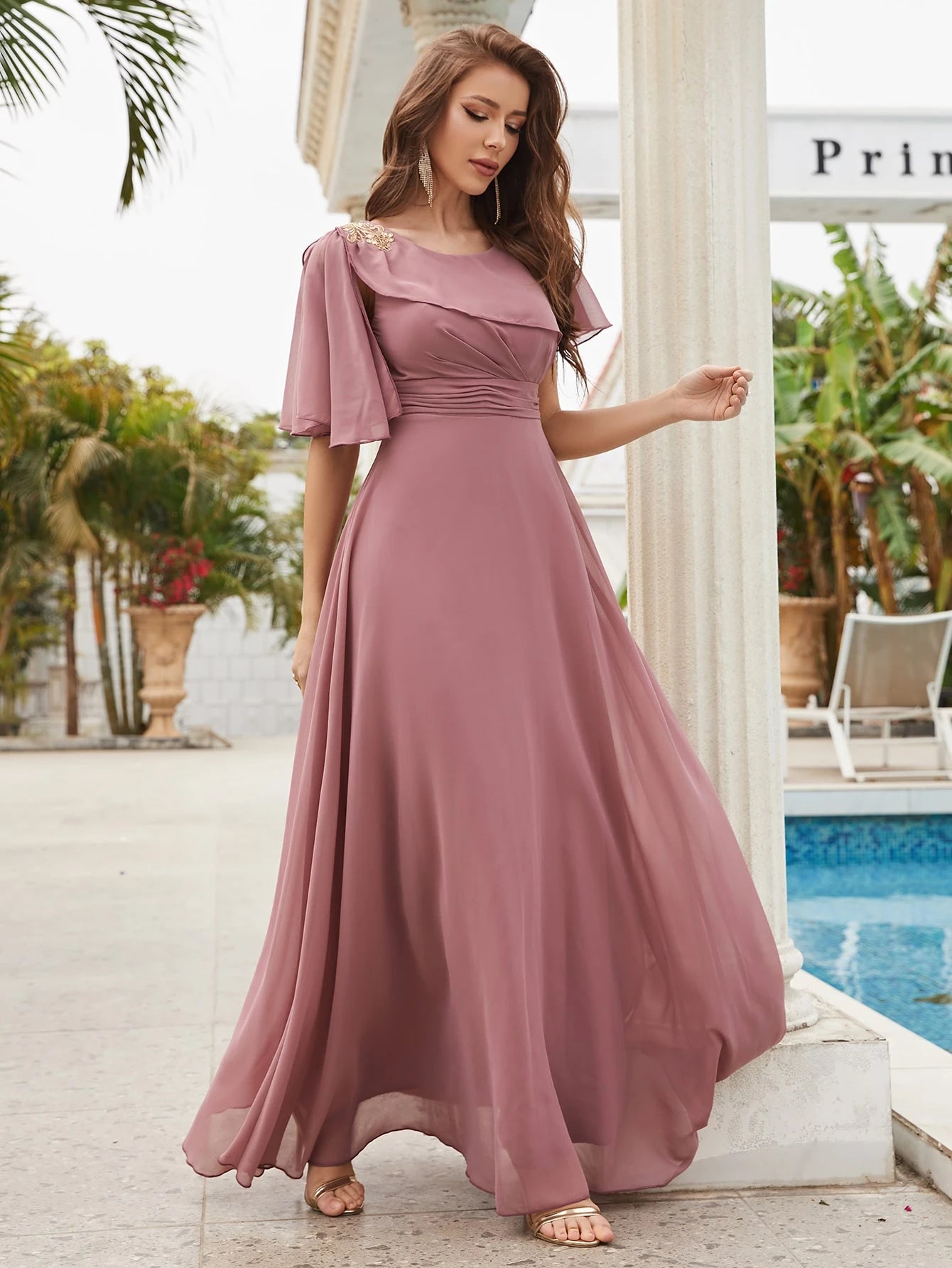 Butterfly Sleeve Chiffon Bridesmaid Dress Flowy Dress Elegant Dress