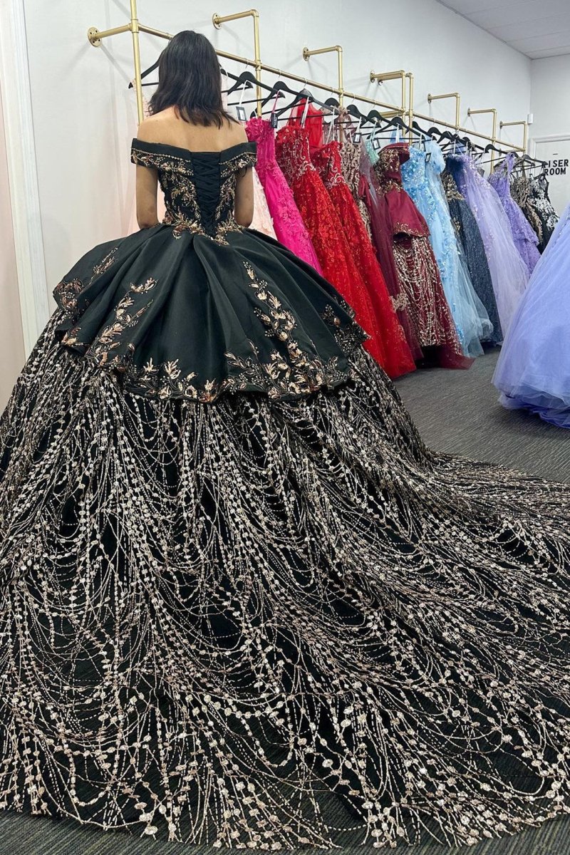 Black Satin Appliques Off-the-Shoulder Quinceanera Dress