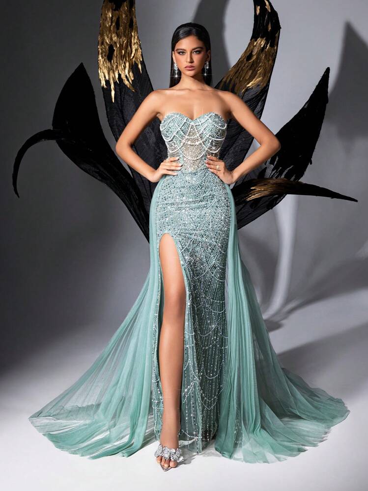 Mint Green Sequin Strapless Mermaid Gown