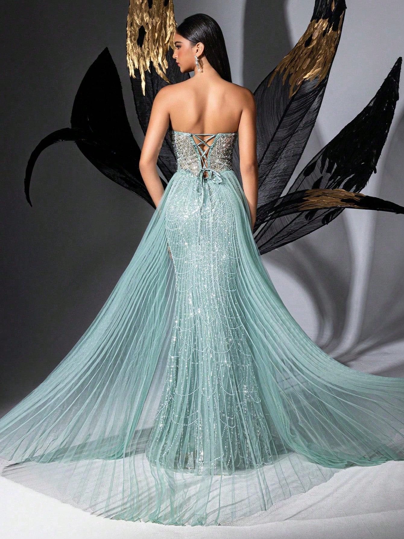 Mint Green Sequin Strapless Mermaid Gown