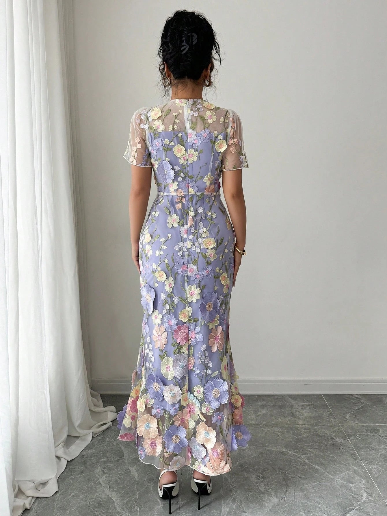Elenzga Women Short Sleeve Fitted Elegant 3D Embroidery Dress
