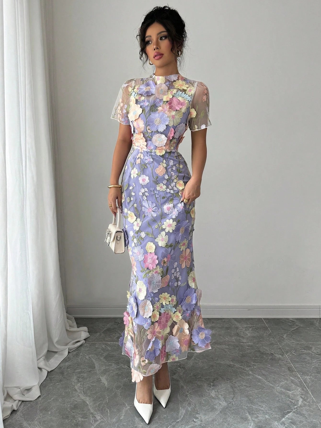 Elenzga Women Short Sleeve Fitted Elegant 3D Embroidery Dress