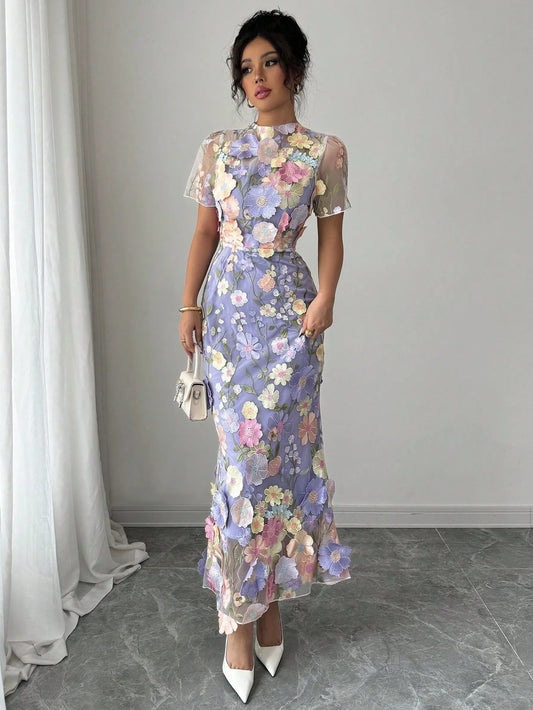 Elenzga Women Short Sleeve Fitted Elegant 3D Embroidery Dress