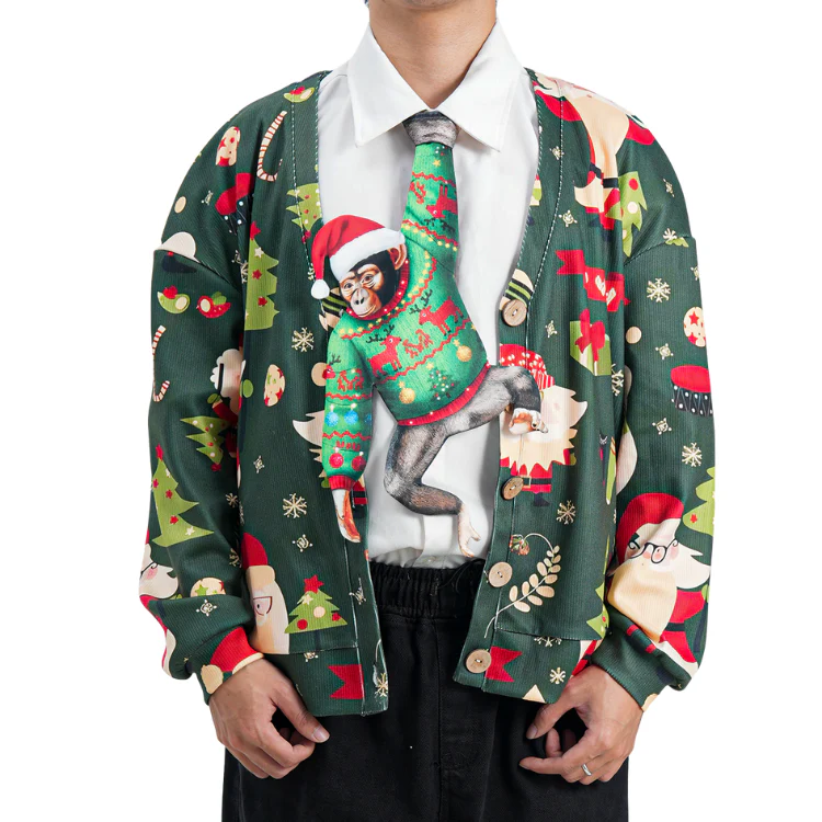 Christmas Monkey Novelty Tie – Animals Monkey Shape in Taffeta Silk – Funny Holiday Gift for Men