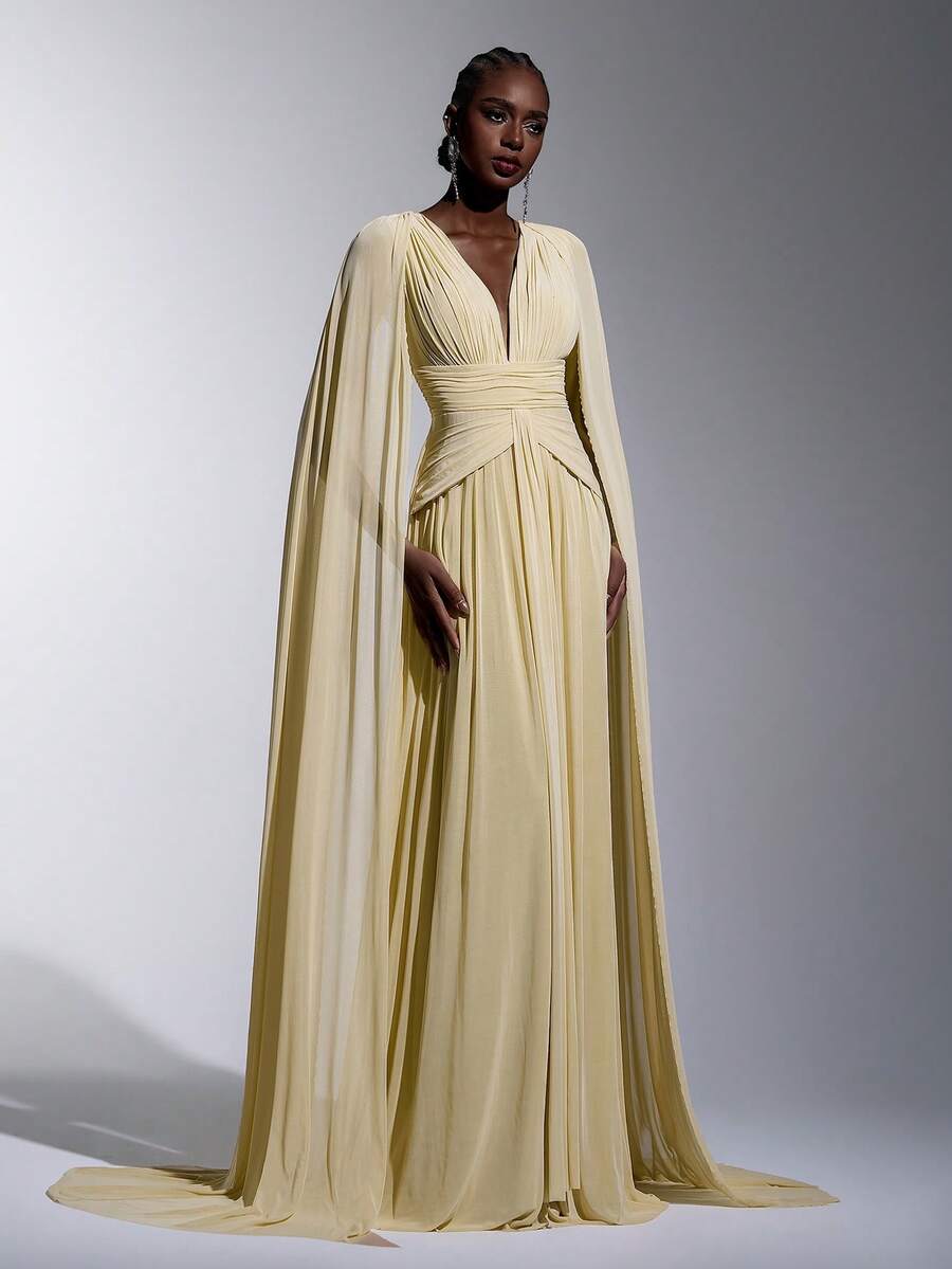 Pale Yellow Cape Sleeve Pleated Maxi Gown