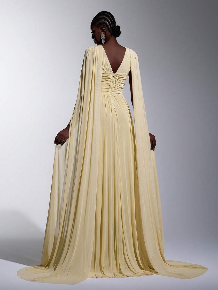 Pale Yellow Cape Sleeve Pleated Maxi Gown