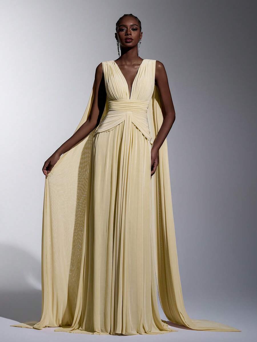 Pale Yellow Cape Sleeve Pleated Maxi Gown